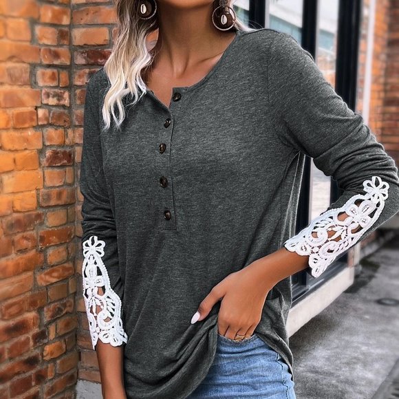 Casual Lace Detailed Button Half Placket Tee - Picture 5 of 5